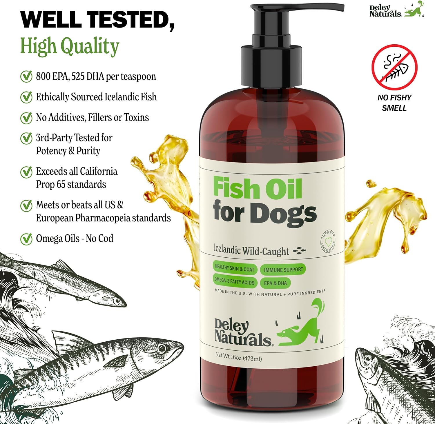 Wild Caught Fish Oil for Dogs - 16oz - Omega 3-6-9, GMO Free - Reduces Shedding, Supports Skin, Coat, Joints, Heart, Brain, Immune System - Highest EPA & DHA Potency - Only Ingredient is Fish : Pet Supplies