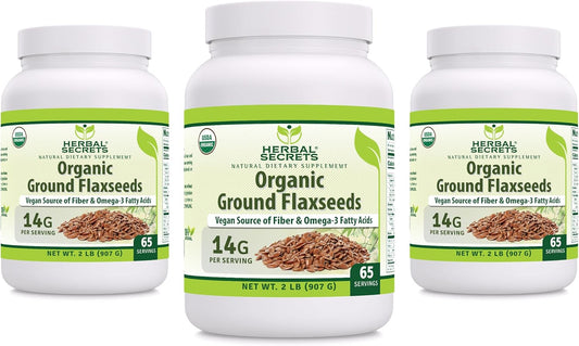 Herbal Secrets Usda Organic Ground Flaxseeds 2 Lbs Powder | 14 Grams Per Serving | 65 Servings | Excellent Vegan Source Of Fiber & Omega -3 Fatty Acids | Non-Gmo (2 Lb | 3 Pack)