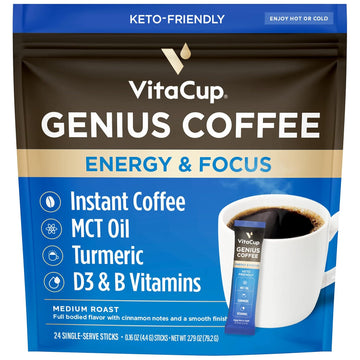 Vitacup Genius Instant Coffee Packets, Increase Energy & Focus, Keto Coffee, Serve Hot Or Cold Brew, Mct Oil, Turmeric, B Vitamins, D3, Bold & Smooth,100% Arabica Coffee In Single Serve Sticks, 24 Ct