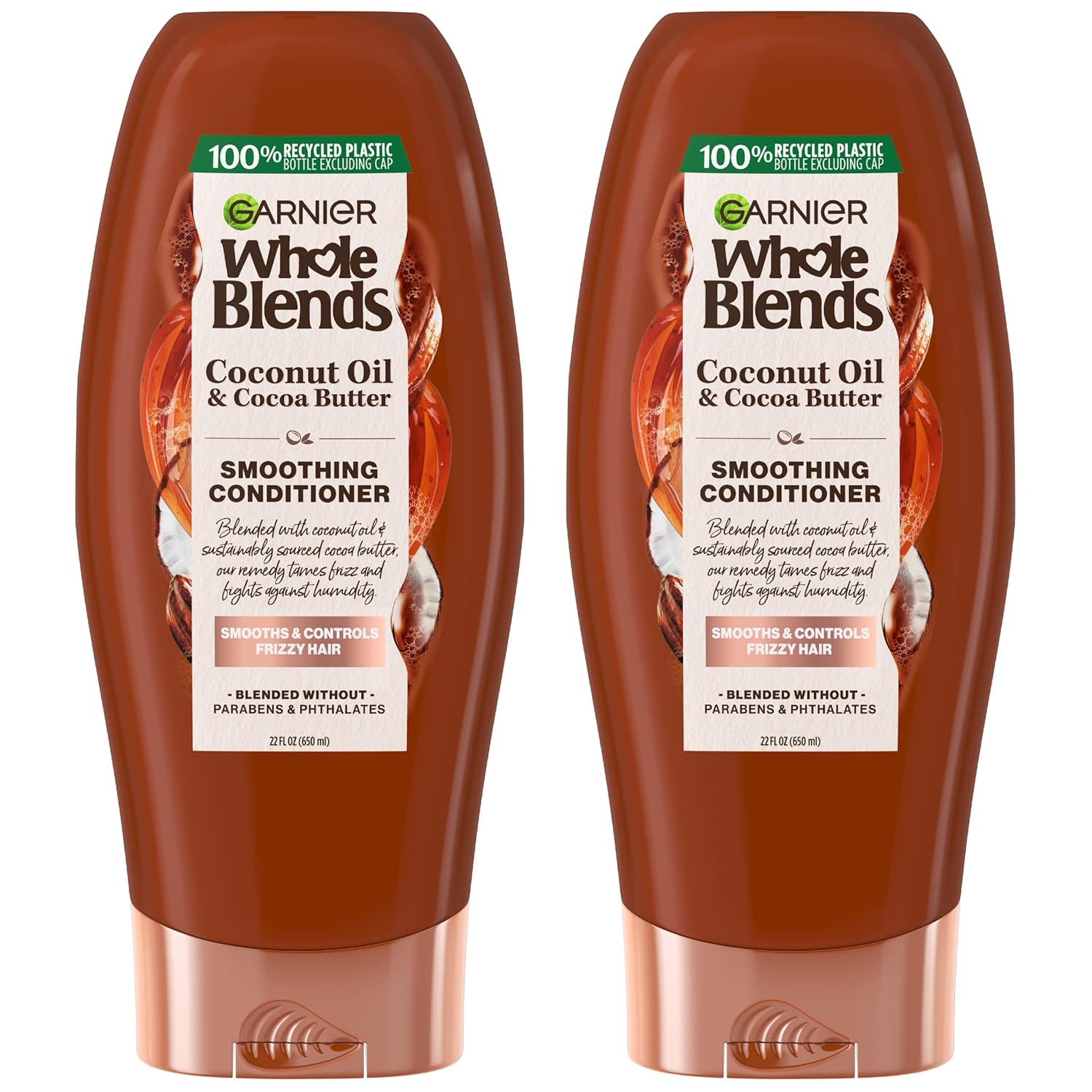 Garnier Whole Blends Coconut Oil & Cocoa Butter Smoothing Conditioner For Frizzy Hair, 22 Fl Oz, 2 Count (Packaging May Vary)