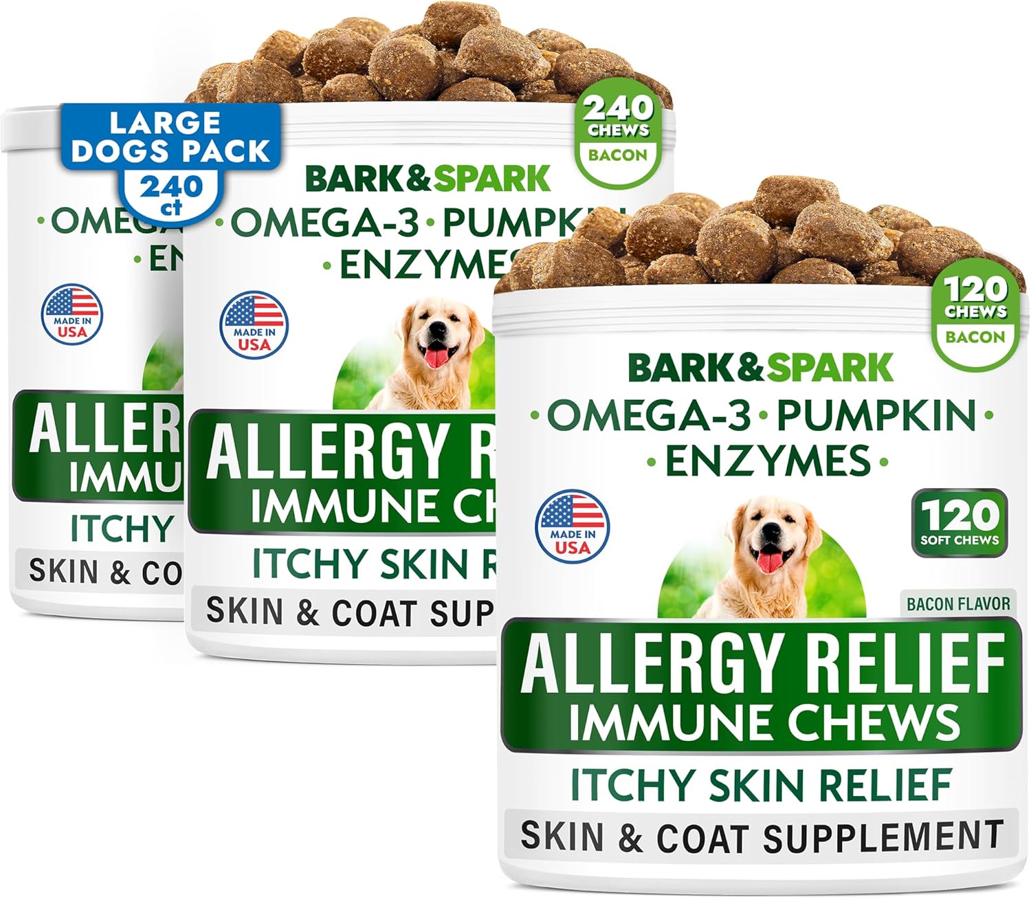 Dog Allergy Relief Chews Bundle - Anti-Itch Skin & Coat Supplement - Omega 3 Fish Oil - Itchy Skin Relief Treatment Pills - Itching & Paw Licking - Dry Skin&Hot Spots - (360 Immune Treats - Bacon)