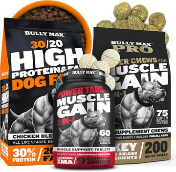 Bully Max Ultimate Performance Pack - High Protein 15Lbs Dog Food, 2-In-1 Muscle Builder Tablets 60 Count & 11-In-1 Muscle Gain 75 Tasty Chews For All Ages, Small & Large Breeds