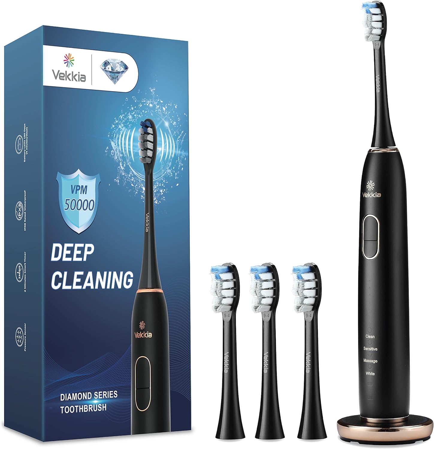 Vekkia Electric Toothbrush, Sonic Cleaning Rechargeable Toothbrush with Timer, Pressure Sensor, 4 Modes, 4 Brush Heads, Charge Lasts for 180 Days, Best Toothbrush for Adults (Black Diamond)