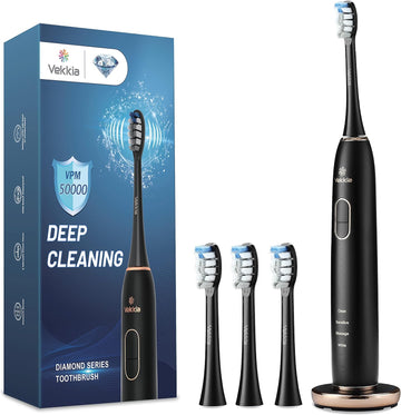 Vekkia Electric Toothbrush, Sonic Cleaning Rechargeable Toothbrush with Timer, Pressure Sensor, 4 Modes, 4 Brush Heads, Charge Lasts for 180 Days, Best Toothbrush for Adults (Black Diamond)