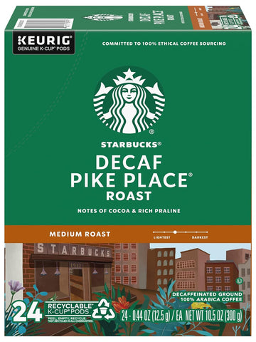 Starbucks Coffee K-Cup Pods, Decaf Pike Place Roast, Medium Roast Decaffeinated Coffee, Keurig Genuine K-Cup Pods, 24 Ct K-Cups Per Box (Pack Of 1 Box)