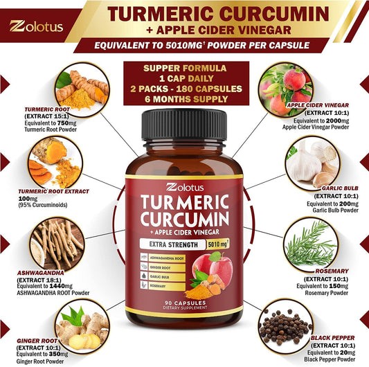 2packs 7 in 1 Turmeric Curcumin + Apple Cinder Vinegar Capsules, Equivalent to 5010mg, 6 Month Supply with Ashwagandha, Ginger, Garlic Bulb, 95% Standardized Curcuminoids, Joint & Absorption Support