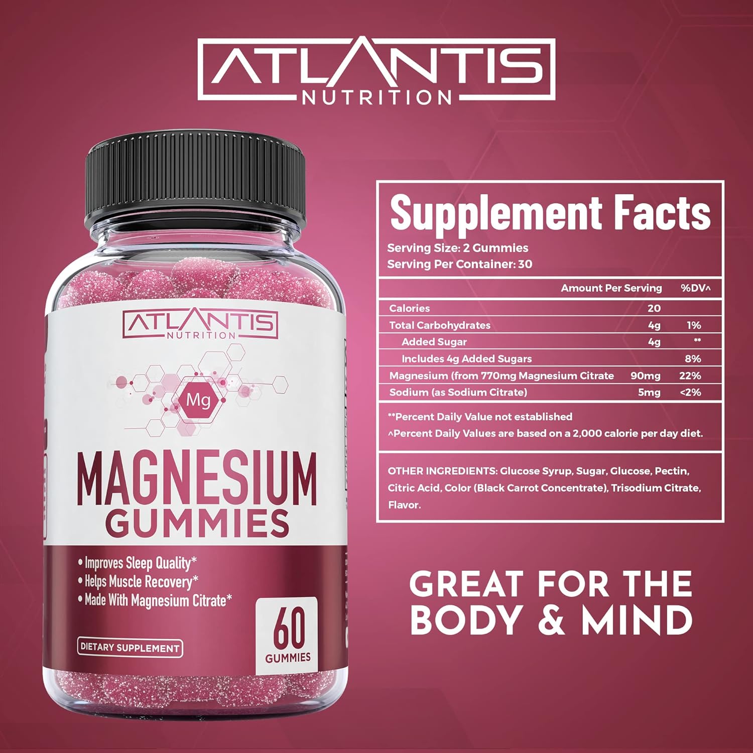 Magnesium Gummies - 770 MG Magnesium Citrate - Promotes Calmness & Improves Sleep. Helps Muscles Recover & Relieves Cramps - 60 Vegan Gummies : Health & Household