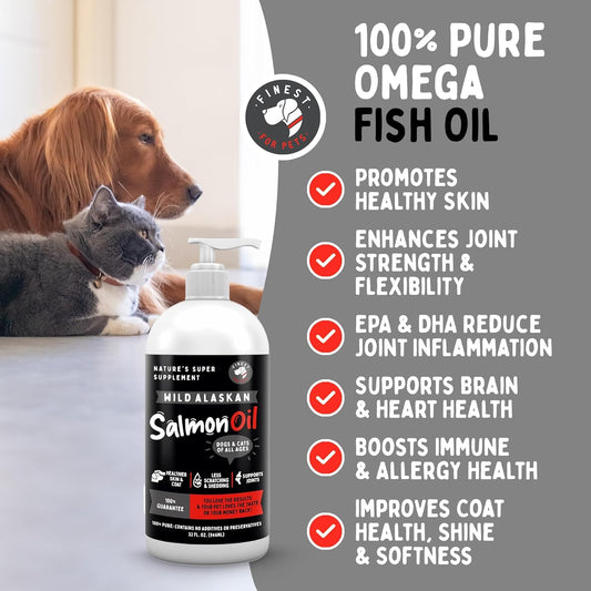 Pure Wild Alaskan Salmon Oil for Dogs & Cats 16oz - Relieves Scratching & Joint Pain, Improves Skin, Coat, Immune & Heart Health. All Natural Omega 3 Liquid Supplement for Pets, EPA + DHA Fatty Acids