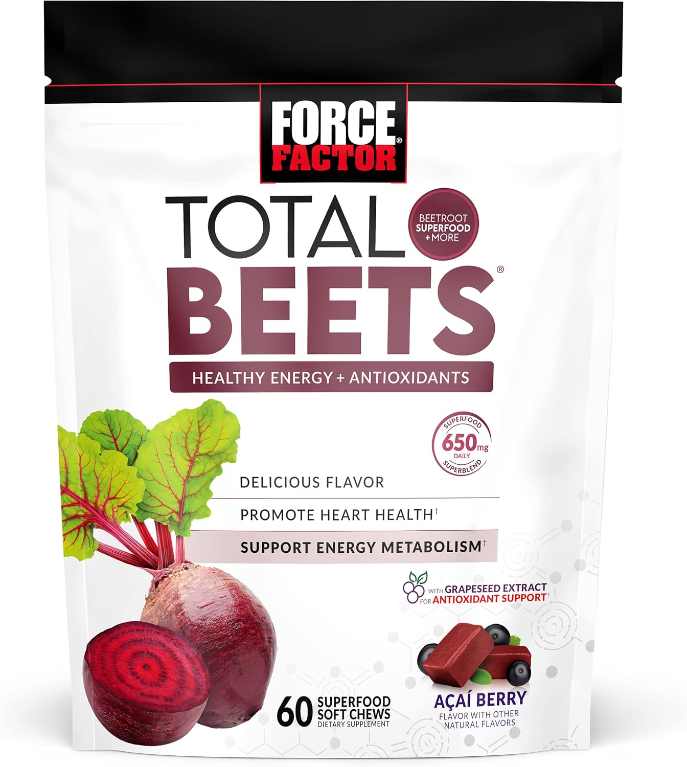 Force Factor Acai Soft Chews For Immunity & Total Beets Soft Chews For Heart Healthy Energy, 30 & 60 Chews