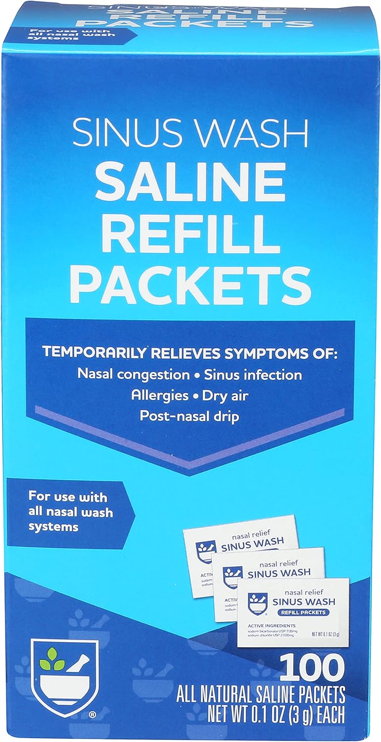 Rite Aid Sinus Wash Refill Kit, Individually Wrapped Saline Packets - 100 Count | Nasal/Allergy Relief Saline Solution for Neti Pots | Nasal Rinse : Health & Household