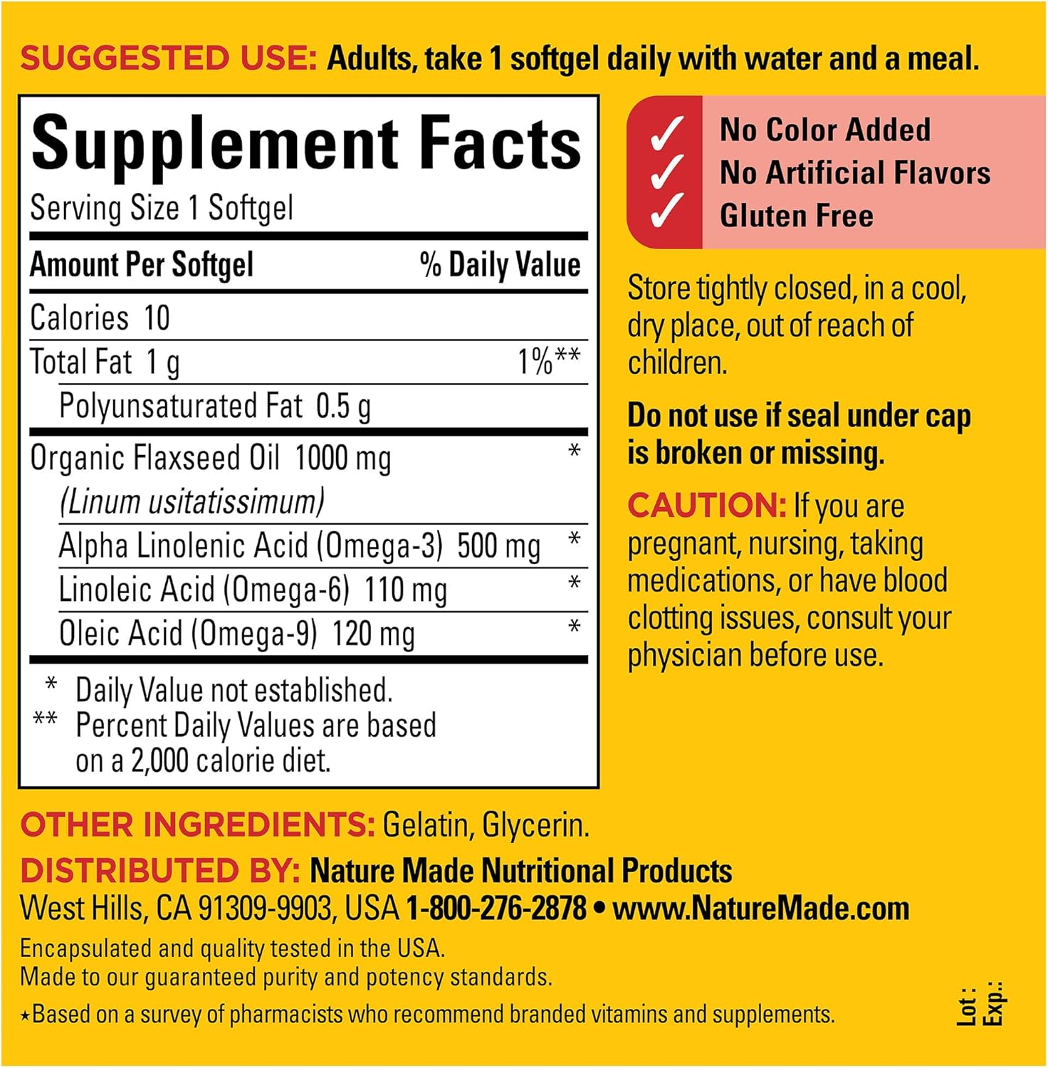 Nature Made Flaxseed Oil 1000 Mg, Fish Free Omega 3 Supplement, Dietary Supplement For Heart Health Support, 180 Softgels, 180 Day Supply : Health & Household