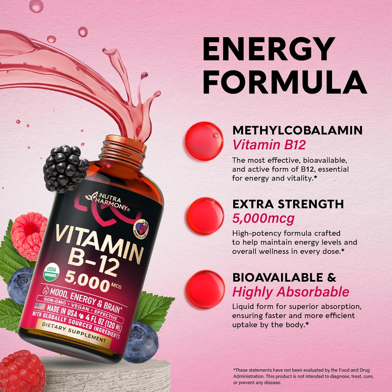 Buy Usda Organic Vitamin B12 Sublingual Spray - 5000 Mcg Liquid Vegan Methylcobalamin For Women & Men - Energy Boost, Focus & Mood, Brain Health Support - Maximize Absorption - 2 Month Supply, 2 Fl Oz On  Free Shipping On Qualified Orders