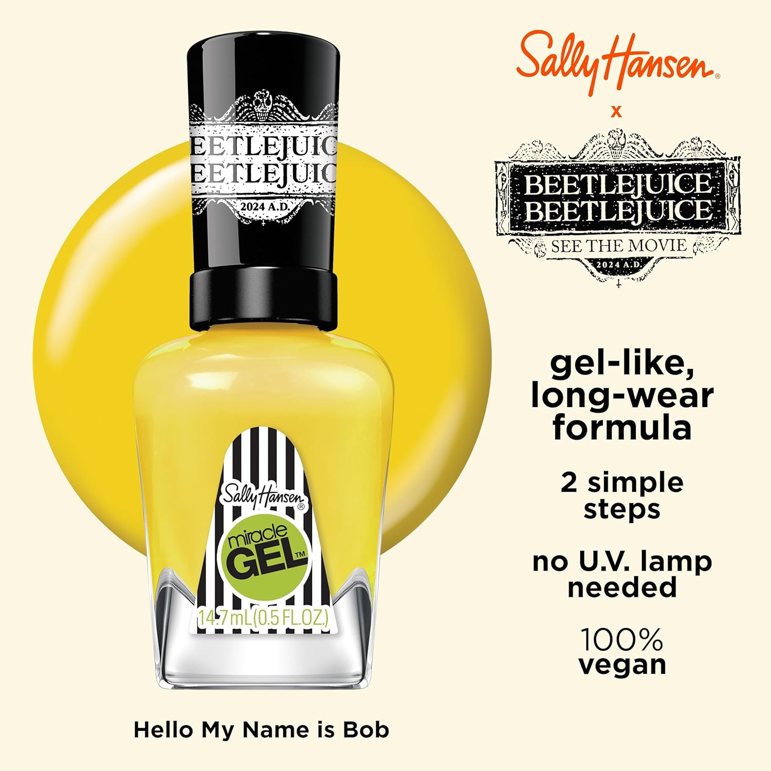 Sally Hansen Miracle Gel™, Beetlejuice Hello my Name is Bob??, Long Lasting, Gel-Like Formula, No UV Lamp Needed, Yellow Nail Polish