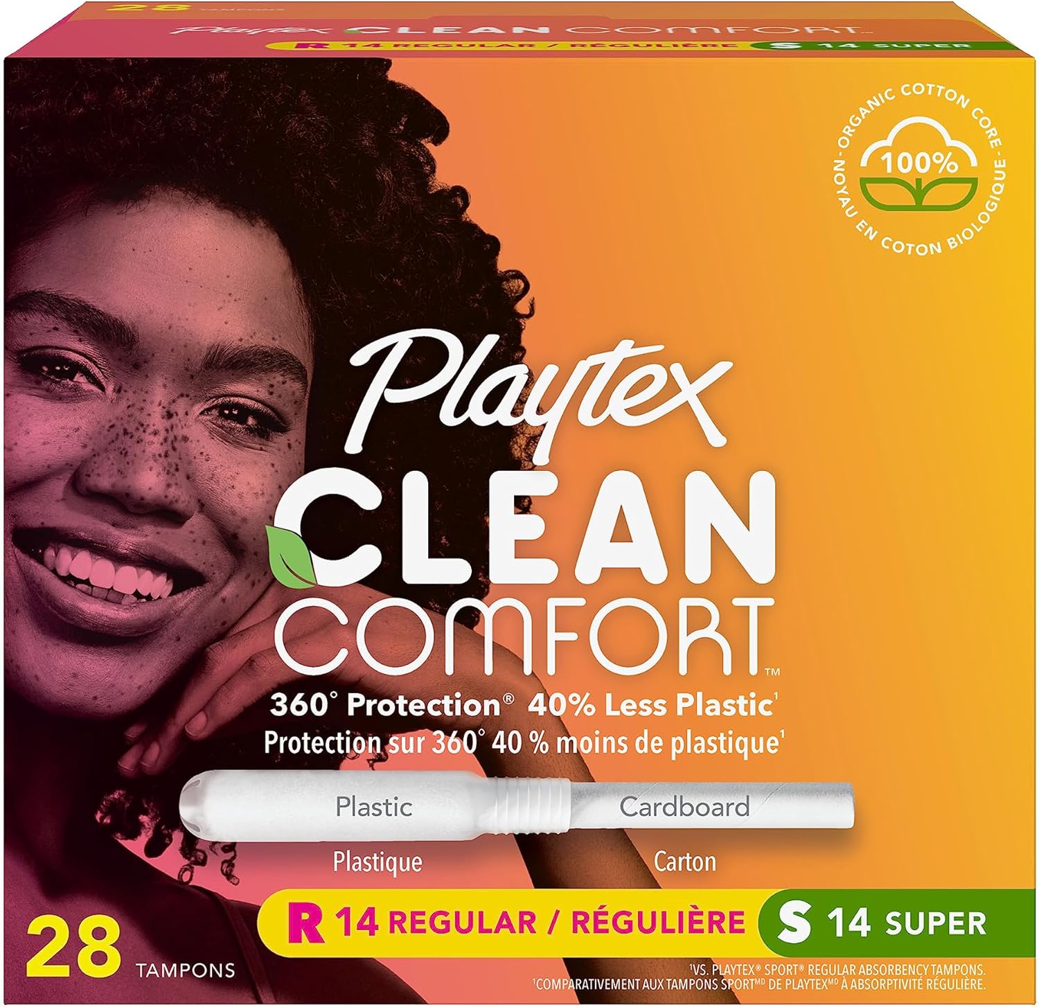 Playtex Clean Comfort Organic Cotton Tampons, Multipack (14Ct Regular/14Ct Super Absorbency), Fragrance-Free, Organic Cotton - 28Ct
