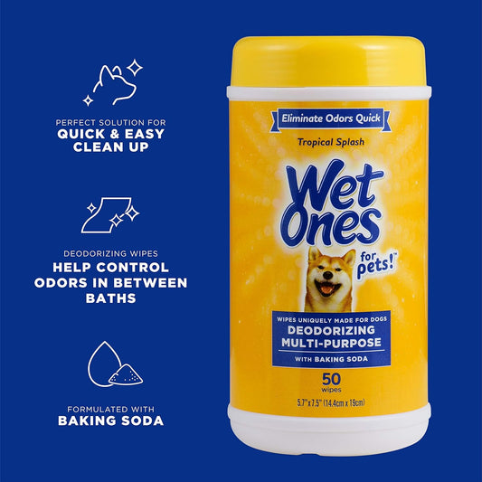 Wet Ones for Pets Deodorizing Multi-Purpose Dog Wipes with Baking Soda, 50 Count - 12 Pack | Dog Deodorizing Wipes for All Dogs in Tropical Splash Scent