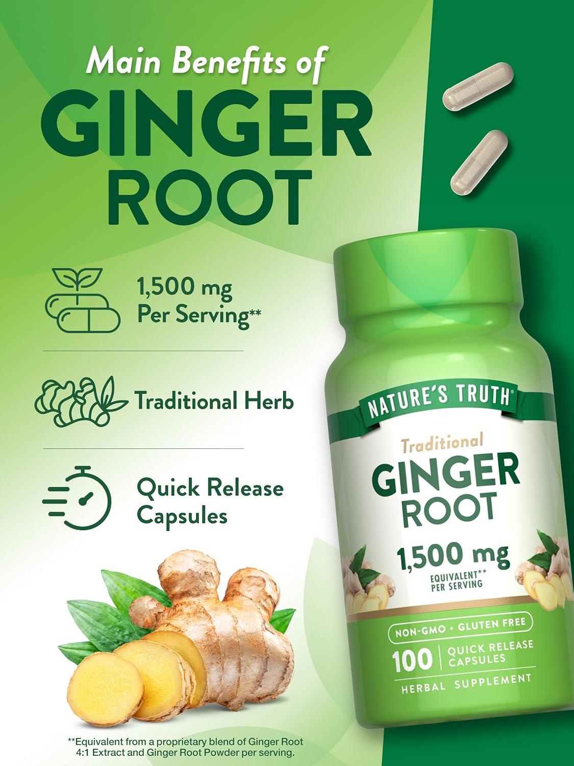 Nature's Truth Ginger Root Capsules | 1,500mg | 100 Count | from Ginger Root Extract | Non-GMO and Gluten Free Supplement : Health & Household