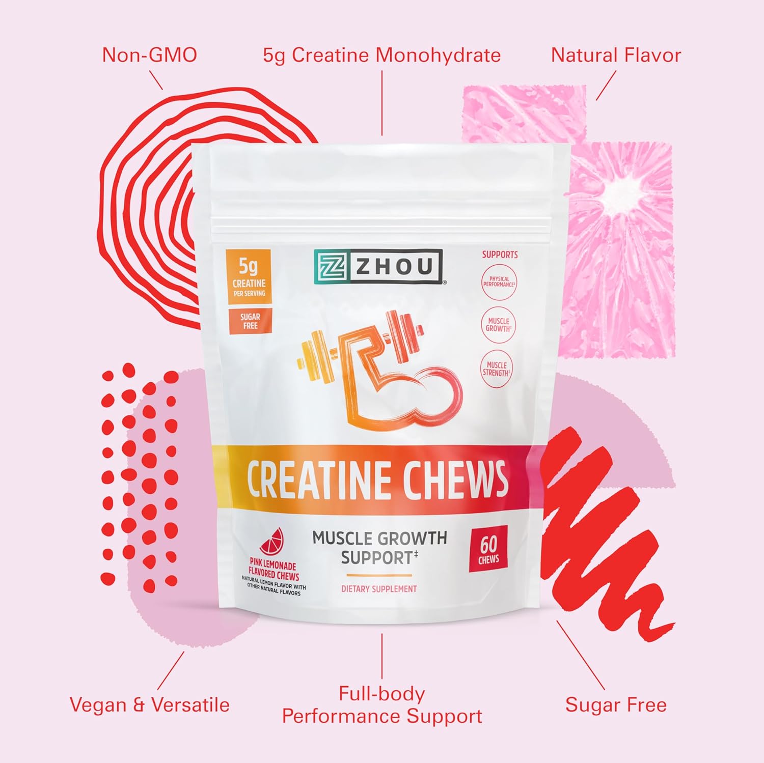 Zhou Nutrition Creatine Monohydrate Chewables 5g for Men & Women, Sugar Free, Organic, Non GMO, Pink Lemonade, 60 Creatine Gummies : Health & Household