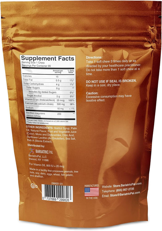 BariatricPal Sugar-Free Calcium Citrate Soft Chews 500mg with Probiotics (90 Count) - Pi¤a Colada