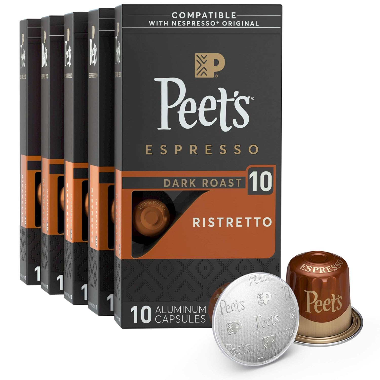 Peet's Coffee, Dark Roast Espresso Pods, Ristretto Intensity 10, 50 Count (5 Boxes of 10 Espresso Capsules)