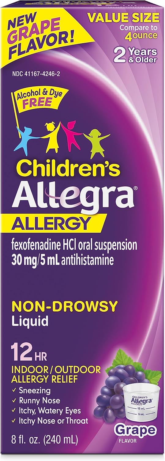 Allegra Children'S 12Hr Allergy Relief Non-Drowsy Antihistamine Liquid, Grape Flavor, Alcohol-Free & Dye-Free, Fexofenadine Hcl, 8 Oz