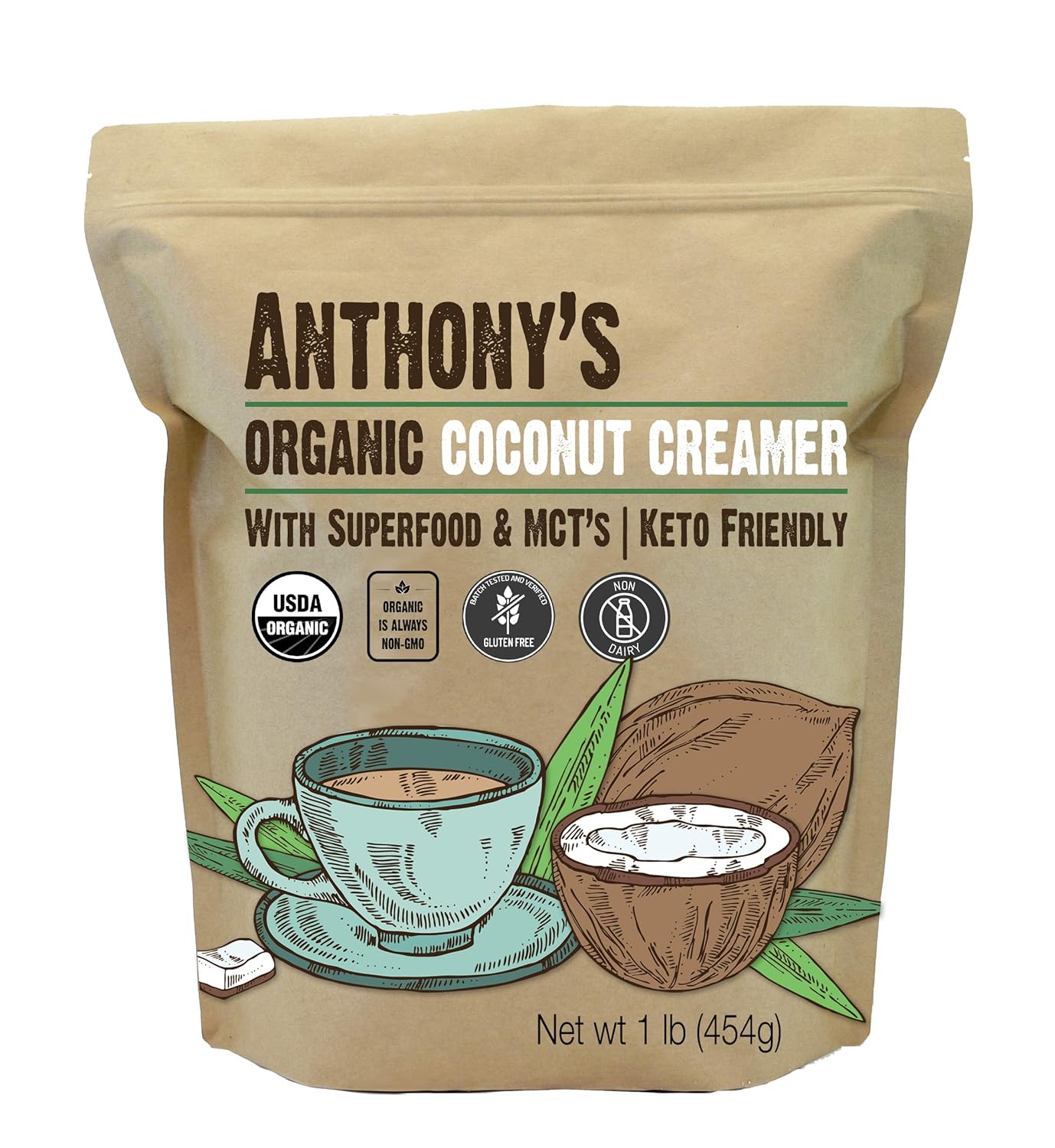 Anthony'S Organic Coconut Creamer Pouch Original, 1 Lb, Superfood,Keto