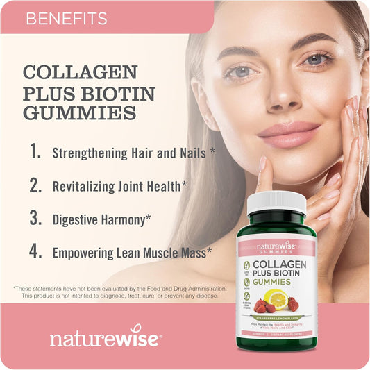 Naturewise Collagen Gummies - Strawberry Lemon Flavor - Type 1 & 3 Peptides For Women With Biotin, Vitamin C, E, & Zinc For Hair Skin And Nails & Joint Support - 180 Count[3-Month Supply]