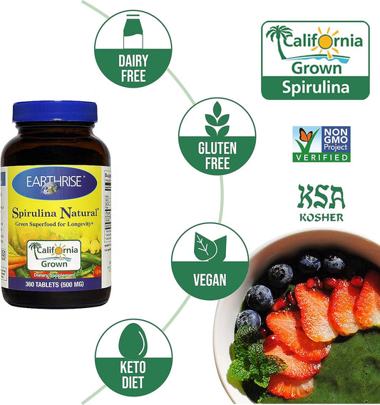 Earthrise ? Spirulina Natural 500mg Tablet 360 counts, Natural Premium Spirulina from California- Vegan, Gluten Free, Keto Friendly, Non -GMO Super Food high in vitamins & minerals