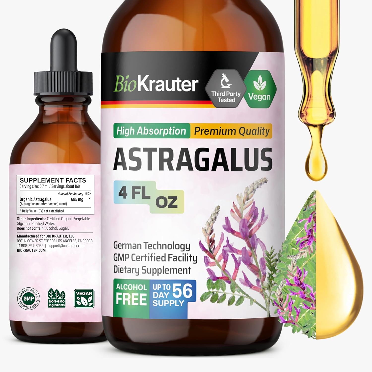 Bio Krauter Astragalus Tincture - Astragalus Root Extract For Immune Support - Alcohol And Sugar Free - High Absorption - Vegan Drops 4 Fl.Oz