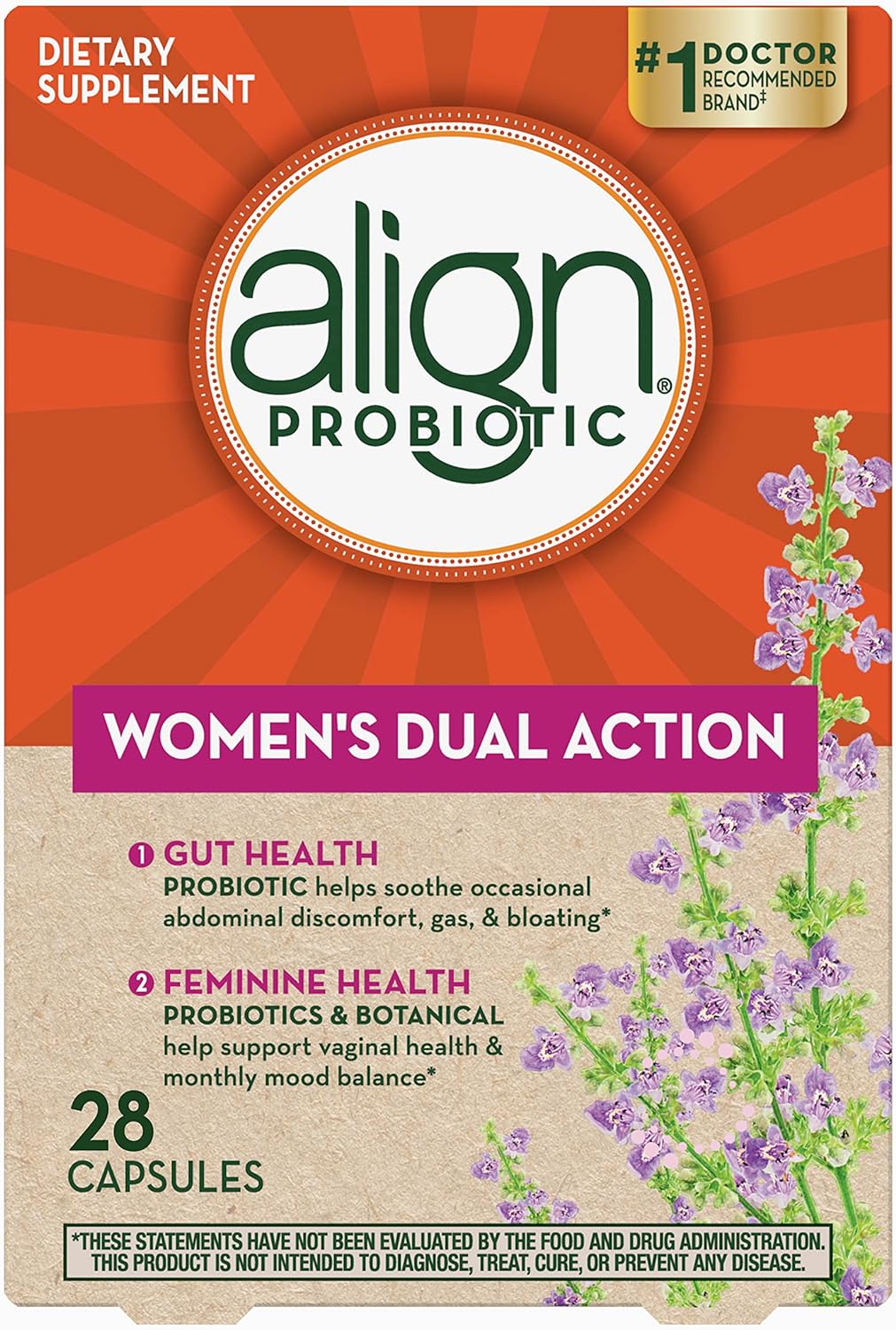 Align Probiotic, Women's Dual Action, Probiotics for Women, Multi-Strain Probiotic with Chaste Tree, Supports Feminine Health, Soothes Occasional Abdominal Discomfort, Gas, Bloating, 28 Capsules