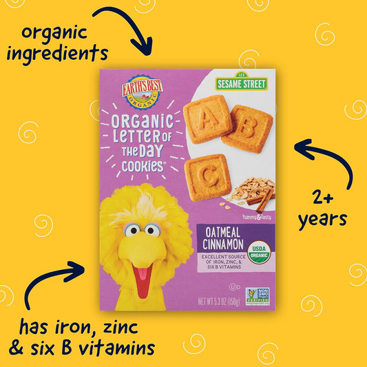 Earth'S Best Organic Kids Snacks, Sesame Street Toddler Snacks, Organic Letter Of The Day Cookies For Toddlers 2 Years And Older, Oatmeal Cinnamon, 5.3 Oz Box (Pack Of 6)