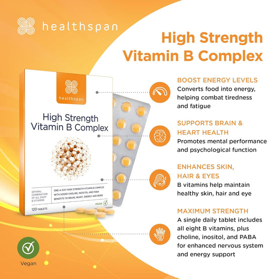 Healthspan High Strength Vitamin B Complex (120 Tablets) | High Levels Of All 8 B-Complex Vitamins | Supports Brain & Heart Health | Immune Health | Reduces Tiredness & Fatigue | With Choline | Vegan