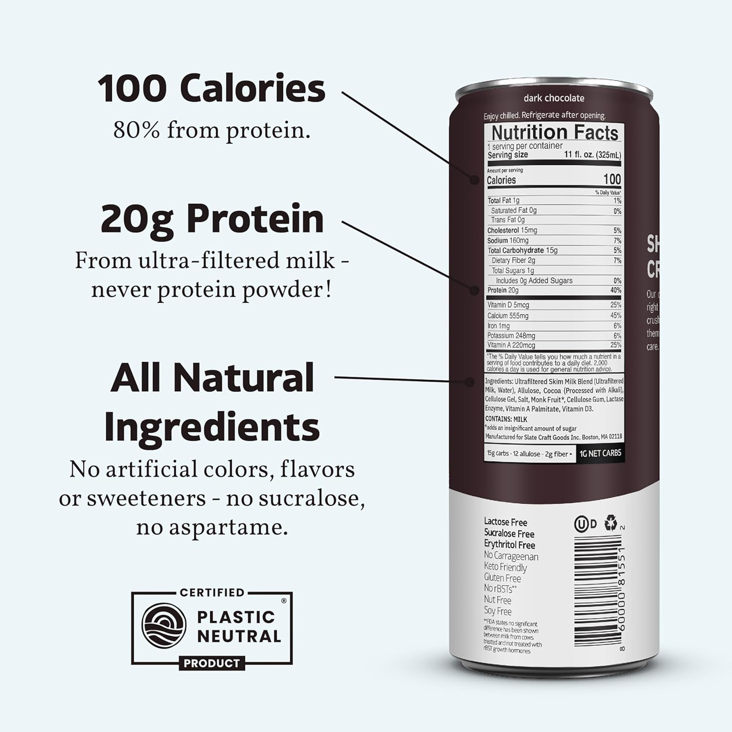 Slate Milk - High Protein Milk Shake - Dark Chocolate - Lactose Free, 20G Protein, 1G Sugar, 100 Calories, 1G Net Carbs, No Added Sugar - Natural, Breakfast Boost, Post Workout - 11 Fl Oz, 12 Cans