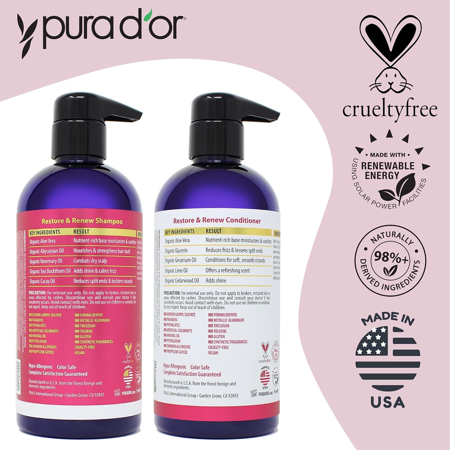 PURA D'OR Restore & Renew Shampoo and Conditioner Set For Strong, Healthy, and Nourished Hair with Organic Aloe Vera, Rosemary Oil, Sea Buckthorn, Cacay Oil, Coconut Oil, Seaberry Oil & Cedarwood Oil : Beauty & Personal Care