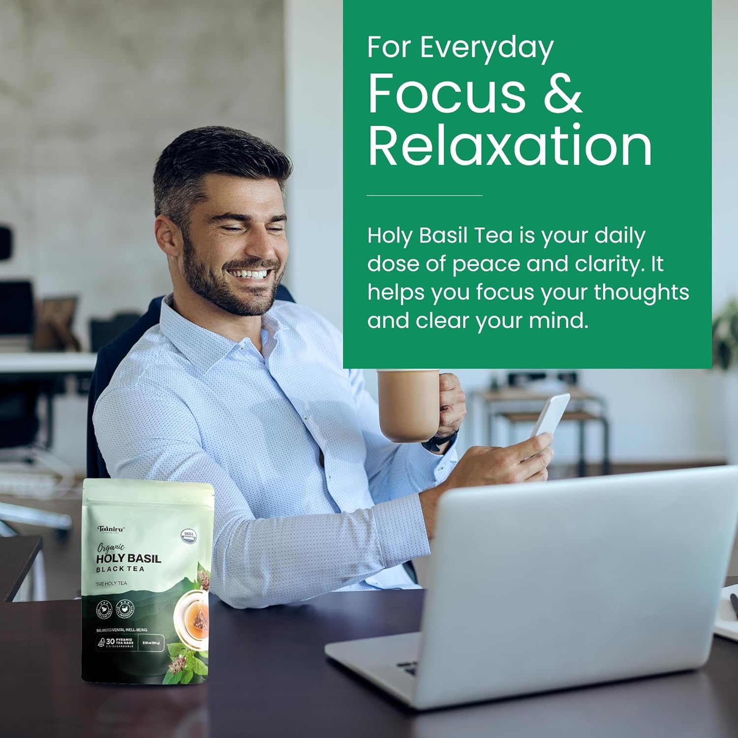 Teaniru, Holy Basil Black Tea (Tulsi Tea) - 30 Count | For Overall Mental Well-Being | Rich In Vitamin C, K, A & Adaptogenic Properties | Your Morning Kickstart | Certified By Usda Organic
