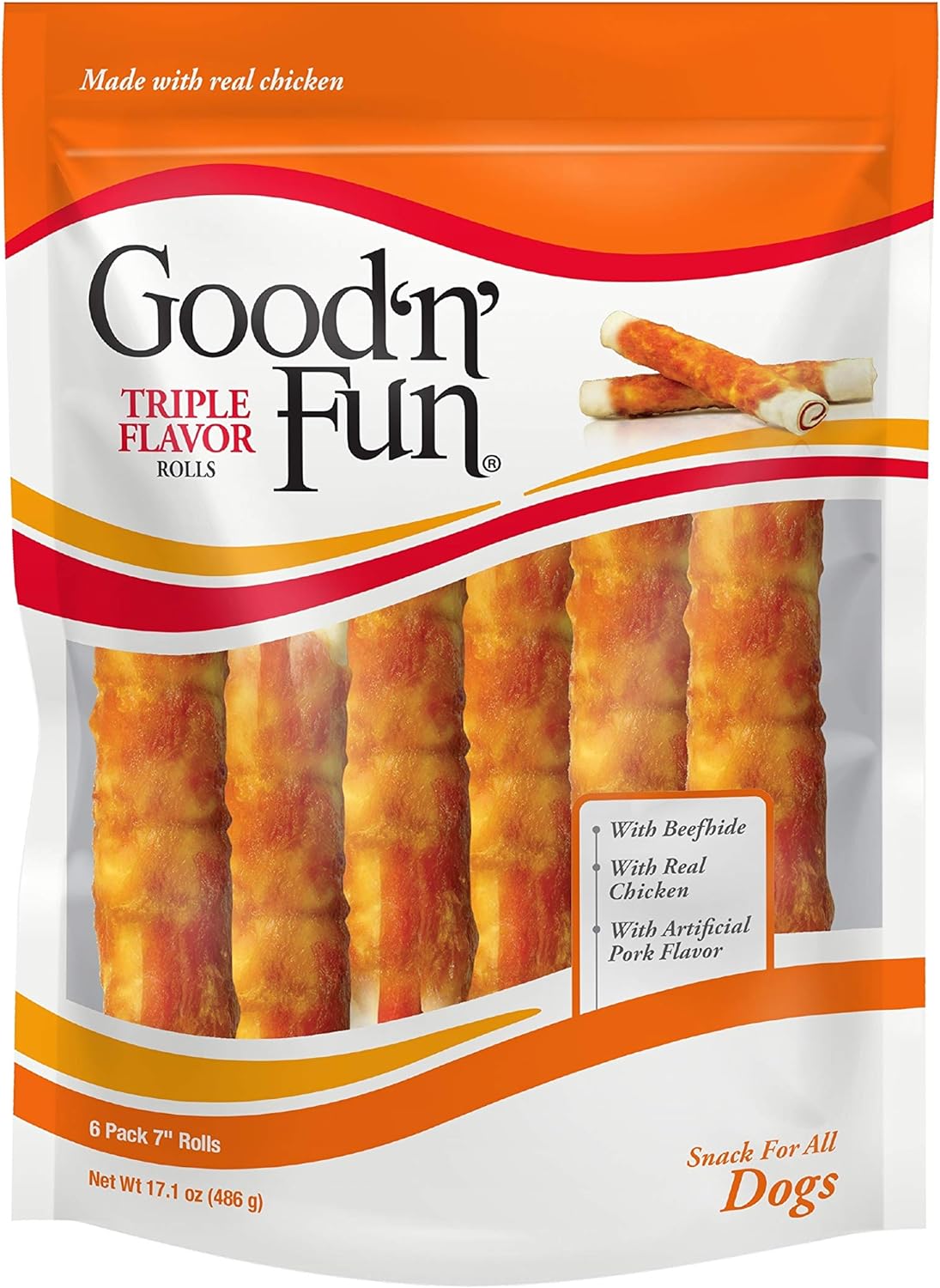 Good'N'Fun Triple Flavor 7 Inch Rolls, Chews For Dogs, 6 Count (Pack Of 1)