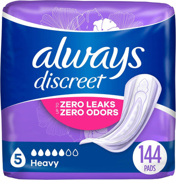 Always Discreet Adult Incontinence & Postpartum Incontinence Pads For Women, Heavy Absorbency 48 Count X 3 Packs (144 Count Total) (Packaging May Vary)