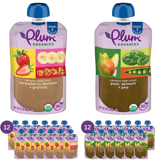 Plum Organics Stage 2 Organic Baby Food - Fruit and Veggie Variety Pack - 3.5 oz and 4 oz Pouch (Pack of 24) - Organic Fruit and Vegetable Baby Food Pouch