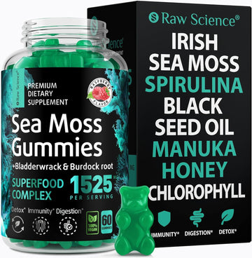 Irish Sea Moss Gummies - Detox Cleanse & Thyroid Support For Women & Men - Black Seed Oil, Manuka Honey, Fenugreek, Chlorophyll, Burdock Root - Gut Health, Immune Support & Energy Supplements - 60 Pcs