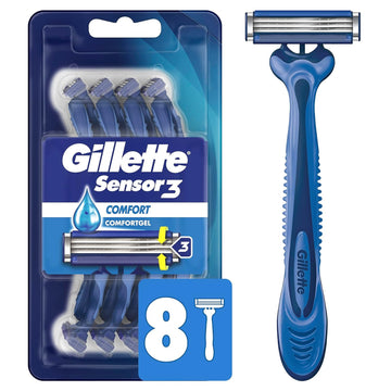 Gillette Sensor3 Comfort Disposable Razors For Men, 8 Count, Lubrastrip Glides Easily Over Your Skin