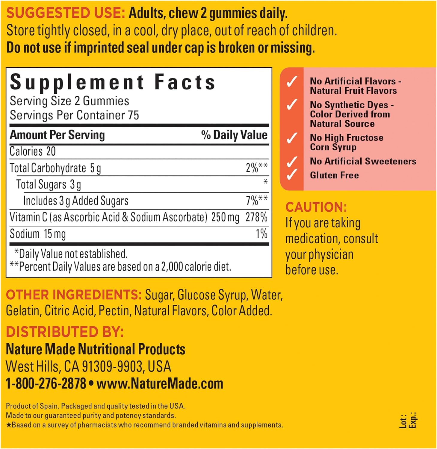 Nature Made Vitamin C 250 mg per serving, Dietary Supplement for Immune Support, 150 Gummies, 75 Day Supply : Health & Household