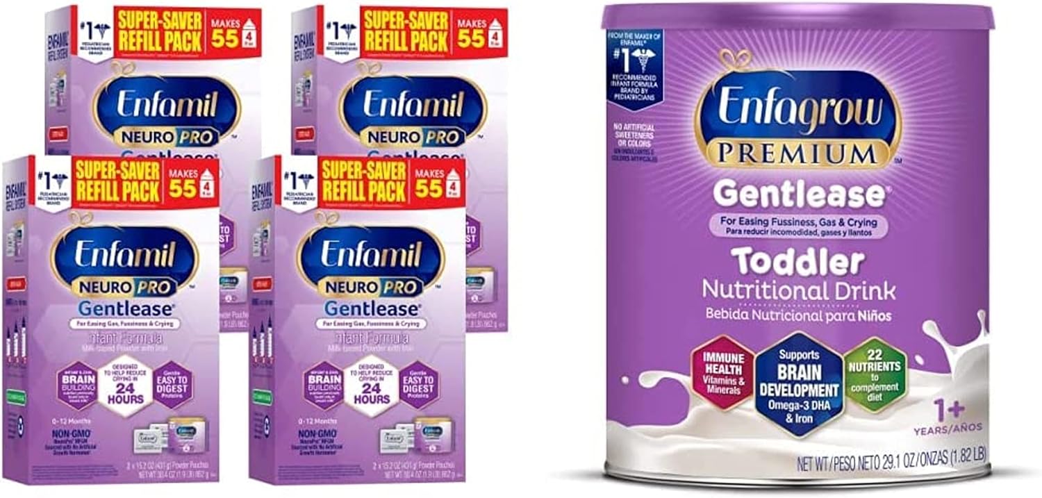 Enfamil & Enfagrow Gentlease Bundle - Neuropro Gentlease Baby Formula Refill Box 31.4 Oz (Pack Of 4) And Enfagrow Gentlease Toddler Nutritional Drink 29.1 Oz. Powder Can