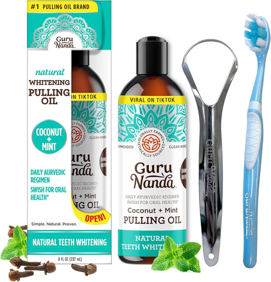 Gurunanda Oil Pulling (8 Fl Oz)-100% Pure Blend Of Coconut With Essential Oils & Advanced Dental Water Flosser 2.0 - Cordless & Portable