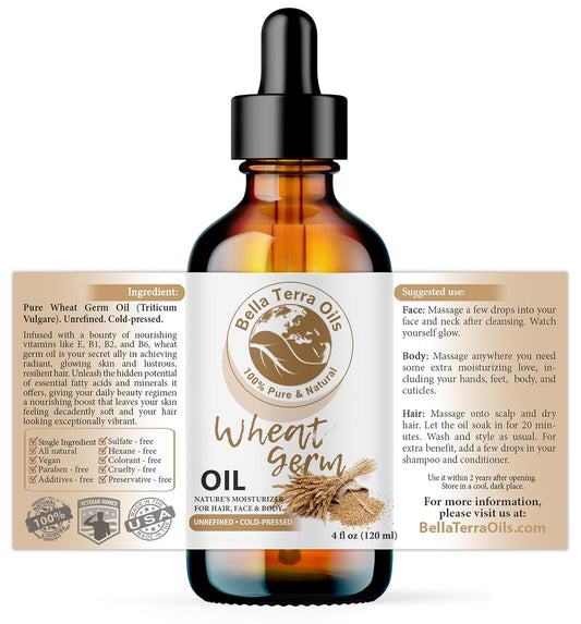 Bella Terra Oils - Organic Wheat Germ Oil 4oz - A Symphony of Vitamin E & C, Pure Essence of Face Oil, Dive into Natural Glow & Suppleness