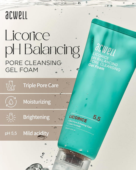 Acwell Licorice Ph Balancing Pore Cleansing Gel Foam - Gentle, Hypoallergenic Facial Cleanser For Clear, Smooth Skin, Deep Pore Cleaning With Licorice Extract, Lha, For All Skin Types, 5.4 Fl.Oz