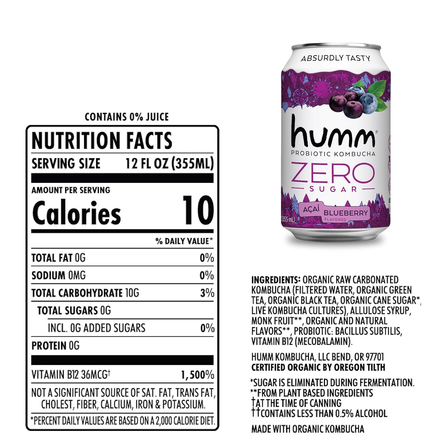 Humm Probiotic Kombucha Zero Sugar Blueberry Acai, No Refrigeration Needed, Keto Friendly, Organic, Vegan, Gluten Free, 12Oz Cans (16 Pack)