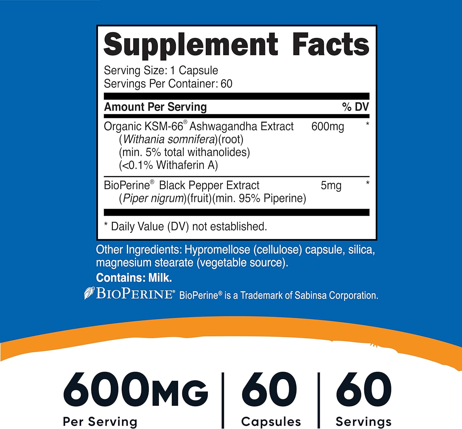 Nutricost KSM-66 Ashwagandha Root Extract 600mg, 60 Veggie Caps - High Potency 5% Withanolides - with BioPerine - Full-Spectrum Root Extract