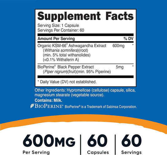 Nutricost KSM-66 Ashwagandha Root Extract 600mg, 60 Veggie Caps - High Potency 5% Withanolides - with BioPerine - Full-Spectrum Root Extract