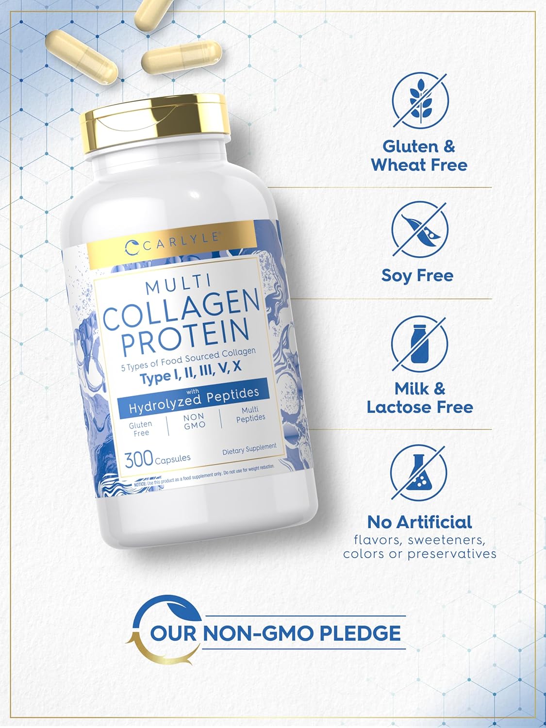 Carlyle Multi Collagen Protein Capsules 2000Mg | 300 Count | Type I, Ii, Iii, V, X | Collagen Peptide Pills | Keto & Paleo Friendly, Gluten Free, Non-Gmo Supplement : Health & Household