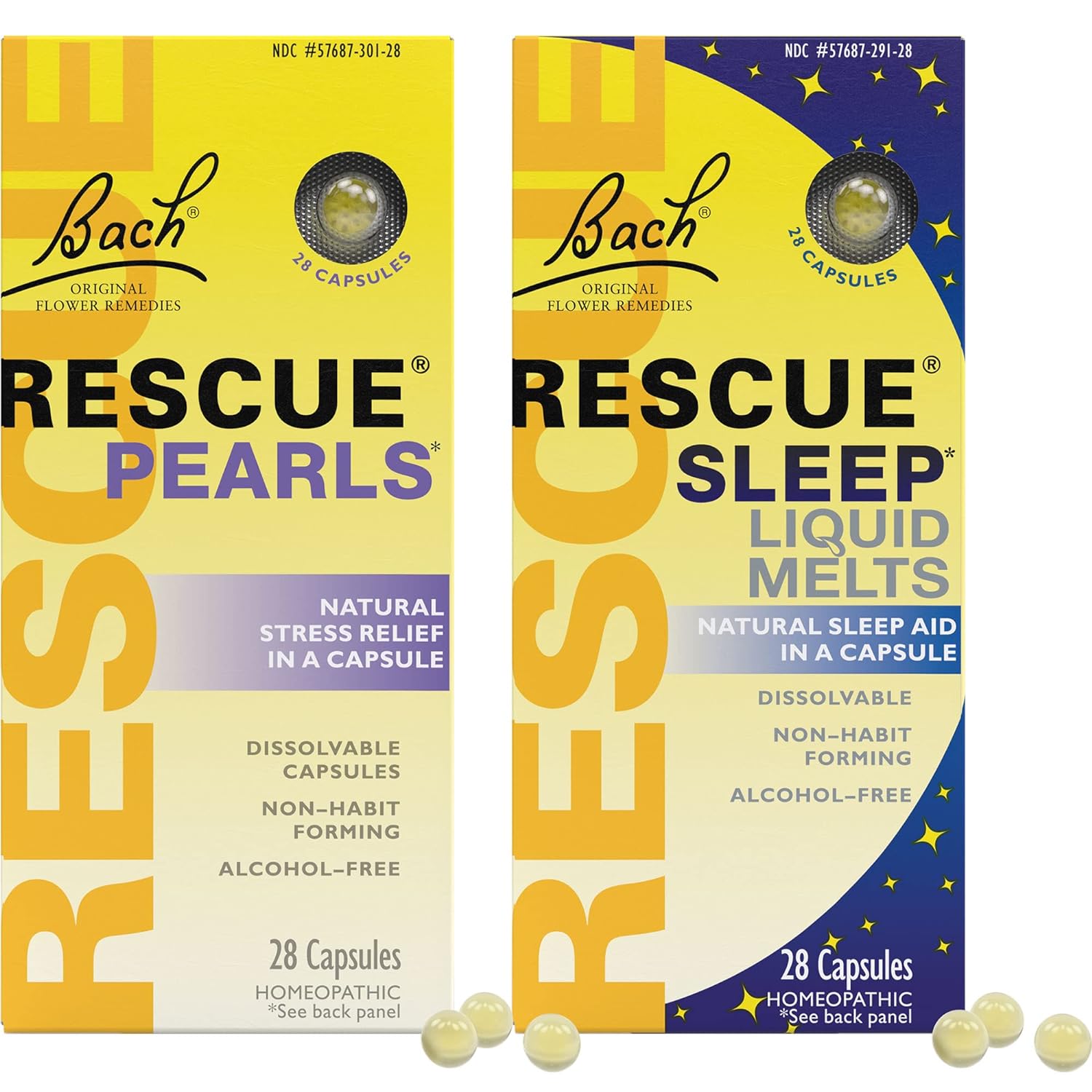 Stress & Sleep Bundle, Bach RESCUE Pearls, Natural Stress Relief [and] RESCUE Sleep Liquid Melts, Natural Sleep Aid - 2-Pk, Homeopathic Flower Essence