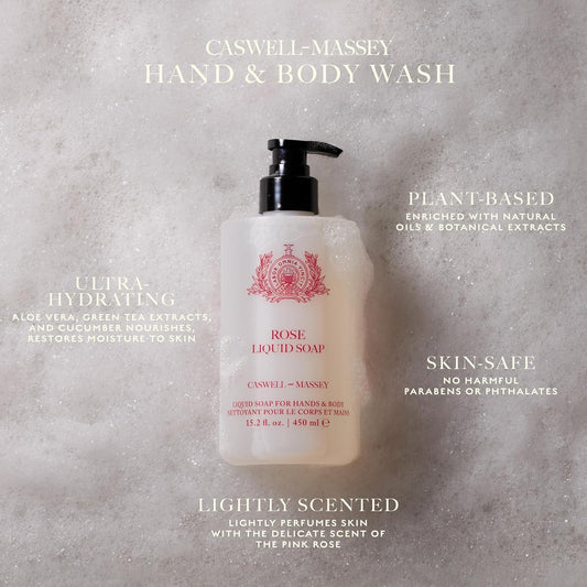 Caswell-Massey Rose Liquid Hand Soap & Moisturizing Body Wash With Pump, Hydrating Plant-Based Skin Cleanserfor Men & Women, Paraben And Phthalate Free, 15.2 Fl Oz